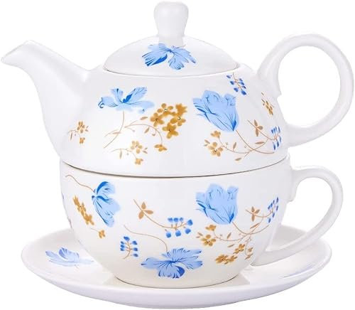 IUokLU Handbemaltes Aquarell-Blumen-Teekannen- und Tassen-Set Porzellan-Teekanne Kaffeekanne Keramik-Teekanne mit Einer Tasse und Sieb Porzellan-Tee für eine,