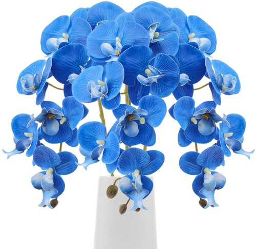 Gresorth Fiori artificiali di orchidea artificiale, 76 cm, pianta phalaenopsis realistica, bouquet di rami finti per sala da pranzo e camino, blu, 3 pezzi