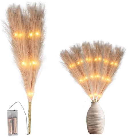 4Pcs - 45cm Prelit Champagne Pampas Grass Stem, Warm White LEDs Battery-Operated Christmas Artificial Flowers for Boho Wedding Bedroom Living Room Decorations