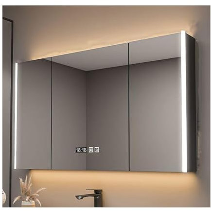 HUFIREHU Armoire Murale De Salle De Bain avec 3 Portes et Miroir - 3 éTagèRes RéGlables, Meuble Toilette avec éClairage LED (Gris, 120cm/47.2in)