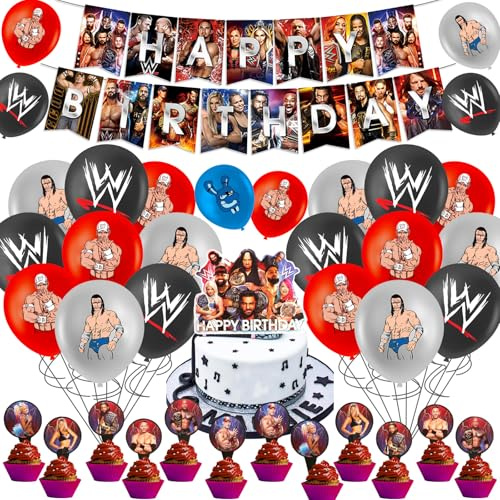 44PCS WE Birthday Decorations, Wrestl-s Balloons Cake Toppers with Happy Birthday Banner, Party Decorations for Kids Boys Girls