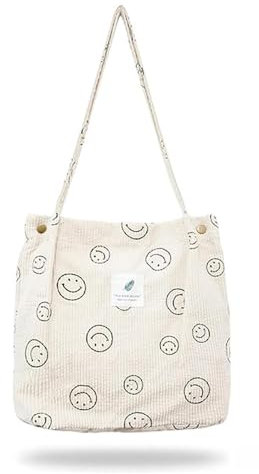 Smiley Tote Bag, 1 Stück Groß Umhängetasche, Cord Schultertasche, Smiley Reise Kosmetiktasche für Schule, Alltag, Arbeit, Büro, Einkaufen und Reisen Größe 22 x 20 x 2 cm Beige