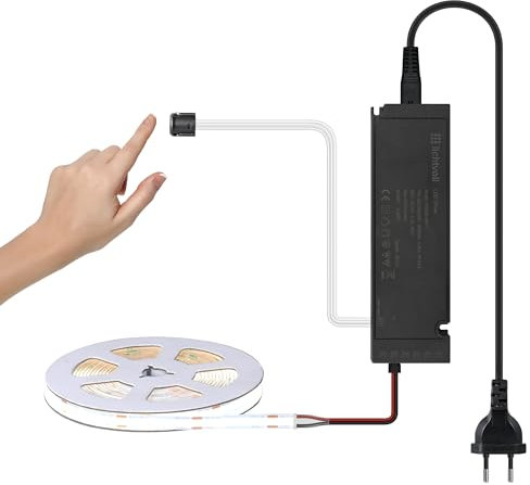 lichtvoll 24V LED Streifen COB 5M 480 LEDs/m dimmbar mit Touch Schalter – kaltweiß 6000K, selbstklebend, schneidbar, Unterbauleuchte für Küche, Schrank, Treppe, Akustikpaneel