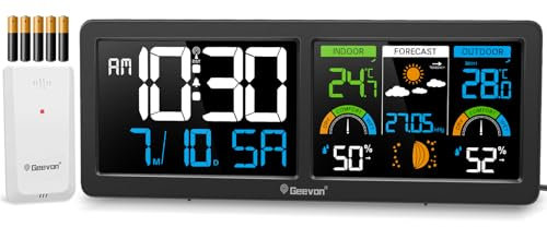 Geevon DCF Wetterstation Funk mit Außensensor, Wetterstationen Innen und Außentemperatur Funk mit Wettervorhersage Digitales Thermometer Hygrometer (246258 mit Batterie)