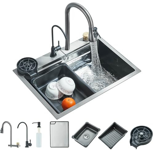 TVTIUO Fregadero de Cocina Multifuncional, Fregadero de Cocina de Acero Inoxidable, Fregadero de Cocina con Lavavasos y Dispensador de Jabón (60x45cm), con Gris Plomo, Grifo Extraíble, Agua Pura