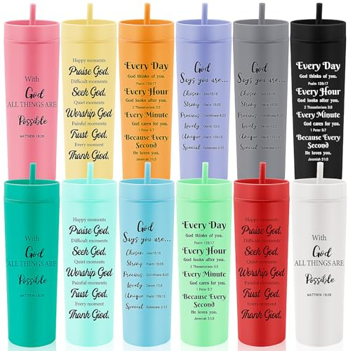 YFNVH 12 Pack Christian Skinny Tumblers with Lids and Straws – 470ml Inspirational Bible Verse Reusable Drinking Cups, Bulk Religious Gifts for Easter, Church Groups, Teachers & Women, 12 Colours