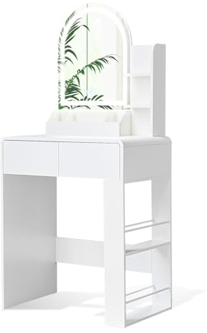 JanflyHome Kleiner Schminktisch & Tisch – Kompakter Schminktisch mit Spiegel, Ablagefläche an der Seite, Schminktisch für das Schlafzimmer, modernes, rundes, geschwungenes Design, weiß