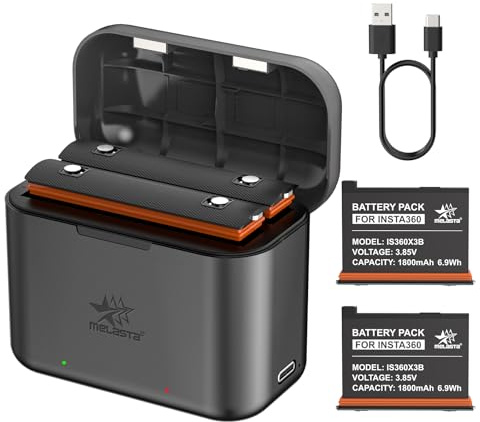 melasta Insta360 X3 Akku, 2 Stück 1800mAh Ersatz Li-Ion Akku mit Ladegerät | Hochleistung Kamera Akku, 2 Kanal USB-C ladegerät, Kompatibel mit Insta360 X3 Action Kamera mit Misro SD Kartensteckplätzen