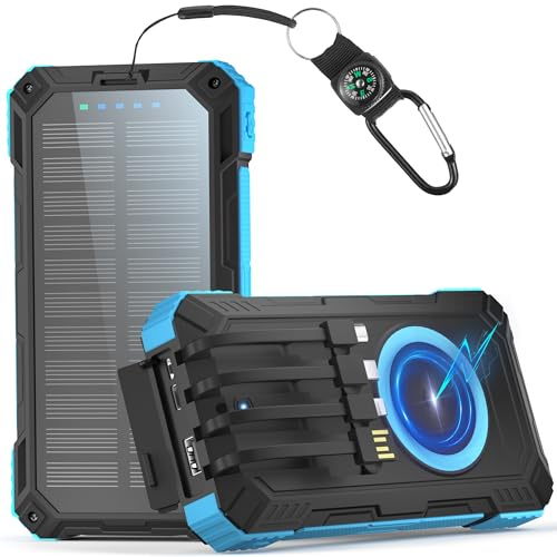 56800mAh Solar Powerbank, 30W PD 3.0A USB C Power Bank Schnellladen mit 4 Kabeln, 3 Port (2 USB & 1 Type-c), 15W Wireless Charger, LED Leuchtanzeigen, Taschenlampe, Externe Handy-Akkus für Smartphone