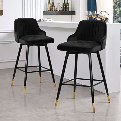 Bekrvio Swivel 74cm Counter Height Bar Stools Set of 2, Black | Velvet Upholstered, Modern Kitchen Stools with Arms, Backs, Metal Footrest for Kitchen Counter Island Dining Room, Load 150KG