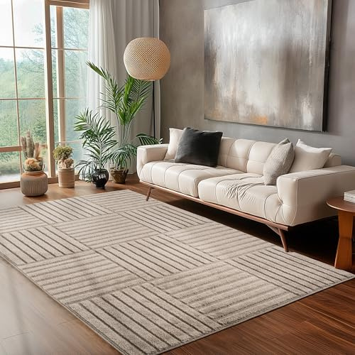 Carpettex Wohnzimmer Teppich 240x340 cm Beige Hochflor Skandi Boho Karo Design Hoch-Tief Effekt Weicher Shaggy Langflor Flauschig Pflegeleicht Modern für Schlafzimmer