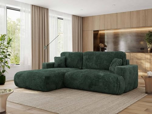 MKS MEBLE Ecksofa Wohnlandschaft L-Form mit Schlaffunktion und Bettwäscheschrank, Schlafsofa mit Bettkasten, modernes Sofa OVO L - Links - Grün Cord