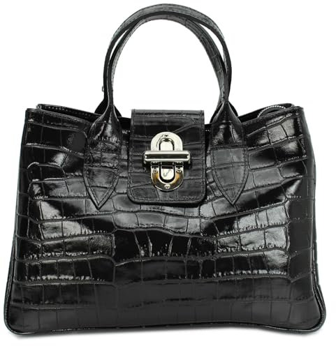 Belli Echt Leder Handtasche italienische Damen Ledertasche Umhängetasche Henkeltasche in schwarz lack kroko - 36x25x18 cm (B x H x T)