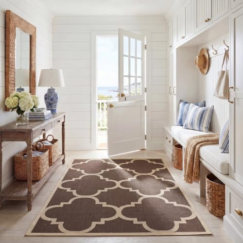 SAFAVIEH Washable Rug Outdoor Courtyard Collection - 6'7 x 9'6, Dark Brown, Non-Shedding & Easy Cleaning, Ideal for Patio, Backyard, Mudroom (CY6243-204)