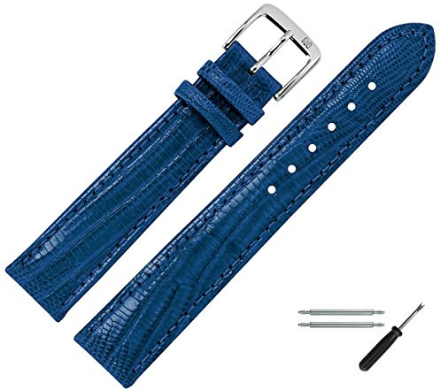 MARBURGER Uhrenarmband 16mm Leder Blau Silber Eidechse (Teju) Prägung Mit Naht - Montage Set 3551651000120