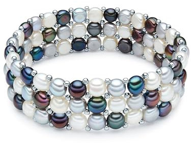 Valero Pearls Damen Perlenarmband mit Button Süßwasser-Zuchtperlen 5-6 mm Multicolor Weiß Silber Pfauenblau Messing Dreireihig - flexibel