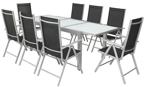 Villana Gartenmöbelset, Silber/schwarz, Alu/Textil, Tisch 160/220cm, 8 Multipositionssessel