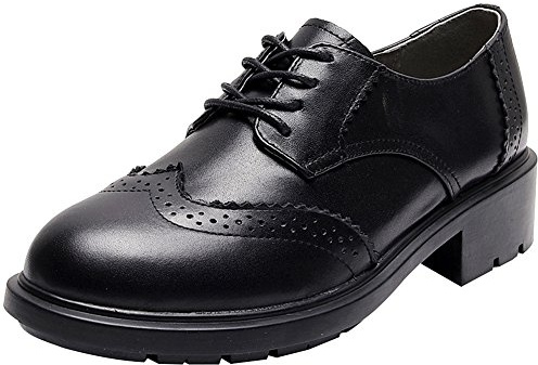 rismart Donna Rotonda Punta Abito Formale Pelle Scarpe Stringate Basse 02363(Nero,40.5 EU)