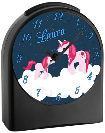 CreaDesign, WU-50-1006, Einhorn, analog Kinderwecker schwarz, Funkwecker ohne Ticken, mit Licht, personalisiert mit Namen, 9,6 x 5,5 x 11,9 cm, 104 g