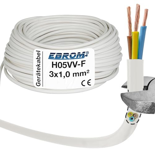 EBROM Schlauchleitung Gerätekabel -RUND- H05VV-F 3x1,0 mm², weiß, 100 m | von 5 bis 150 m - flexibel RUND - 3x1 mm2, z.B. für Haushaltsgeräte Elektrowerkzeuge Verlängerung, mittlere Beanspruchungen