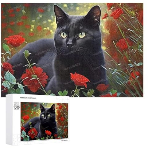 1000 Pieces Jigsaw Puzzle for Adult Beginners - Garden Black Cat Puzzles - Animal Jigsaw Puzzle with Alphabet Backs, Stress Relief from Daily Life Toy & Gifts
