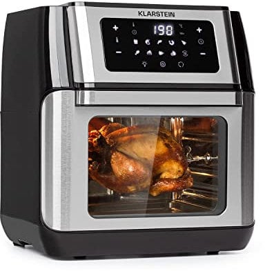 KLARSTEIN AeroVital Fry - Friggitrice ad Aria Calda, 3D-heating System: 1500W, Volume XL: 10L, 9 Programmi, Cool Touch Housing, Timer 60 Min., Termostato: fino a 220°C, Pannello Touch, Nero/Argento