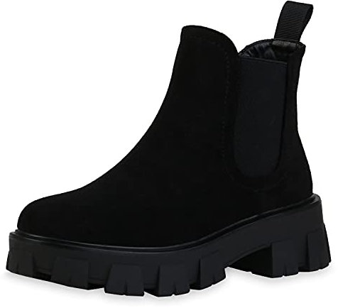VAN HILL Damen Stiefeletten Plateau Boots Blockabsatz Profilsohle Schuhe Freizeit Booties Plateauschuhe 198959 Schwarz Velours 37