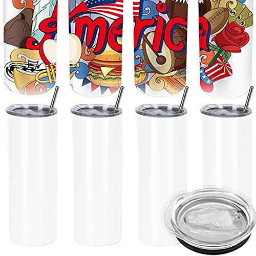 Earthen Kind 20 Oz Skinny Tumbler Set of 4, Sublimation Blanks Stainless Steel Double Walled Vacuum Insulated Mug with Lid and Straw, Water for DIY Coffee Hot Cold Drinks, White