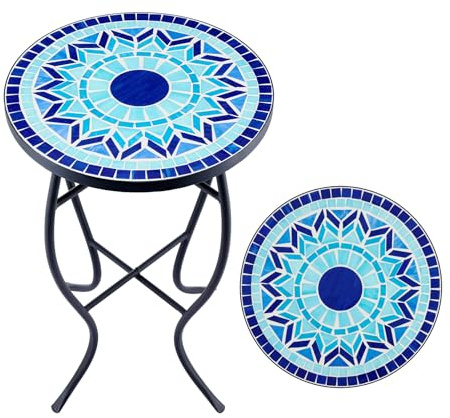 VONLUCE Table d'Appoint Ronde Mosaïque en Céramique 14 (35,5cm) - Décoration de Patio, Porche, Terrasse, Jardin, Entrée, Salon, Chambre à Coucher - Bleu