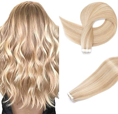 S-noilite Tape Extensions Echthaar #18/613 aschblond/gebleichtes Blond Haarverlängerung Remy Echthaar Extensions Tape In - 20pcs/50 gramm pro Packung (55cm)