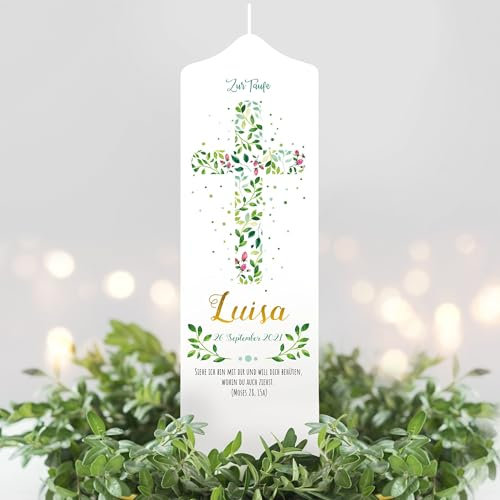 Taufkerze Junge/Mädchen florales Heiliges Kreuz Blätter Kerze zur Taufe mit Namen, Datum und eigenem, vorgegebenem oder keinem Taufspruch, Taufkerze 25 x 7 cm