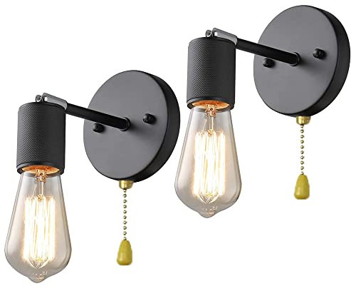 Vintage Iron Wall Sconce 2pack, Black Adjustable Wall Light with Pull Cord Switch E27 Industrial Wall Mount Lighting Fixtures for Bedroom Living Room Bathroom Kitchen Restaurant Entrance