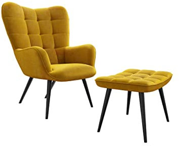 Ohrensessel mit Hocker Gunar 0022, Stilvoll Lesesessel, Relaxsessel mit Hocker im Modernen Look, Lehnstühle, Polstersessel, Fernsehsessel (Gelb (HCD-20))