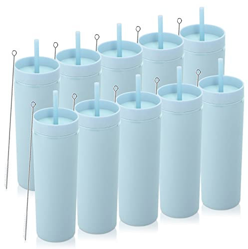 Volhoply 600ml Vasos de Plástico 10 Pack,Vaso de Doble Pared con Tapa y Pajita,Taza de Café Helado de Viaje Reutilizable,Tumbler de Agua de Acrílico Mate Sin BPA para Fiestas,Regalos (Azul,10 Set)