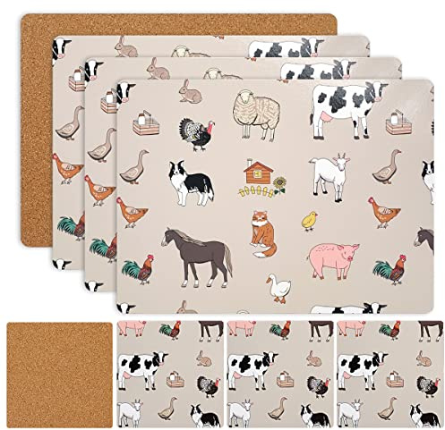 SiXsigma Sports Placemats & Coasters Set Heat Resistant Cork Placemats Table Mats For Dining Kitchen Place Mats Set of 8 - Ideal Table Christmas Decorations 21.5 x 29cm (Farmer Kitchen)