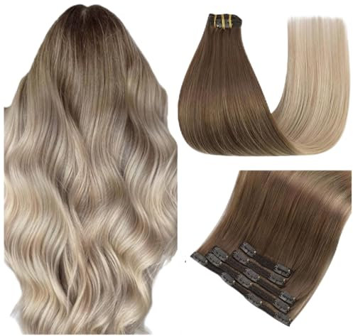 Easyouth Clip in Extensions Echthaar Balayage Clip Extensions Remy Echthaar Clip in Haarverlangerung Aschbraun Platinblond und Aschblond Mischen 35 cm 5Pcs 70g #8/60/18