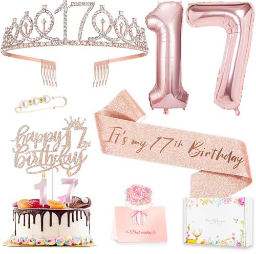17. Geburtstag Dekorationen für Mädchen, 17. Geburtstag Schärpe und Krone, Kuchendeko, Zahlenkerzen und Luftballons, 17 Jahre alte Geschenke für Mädchen