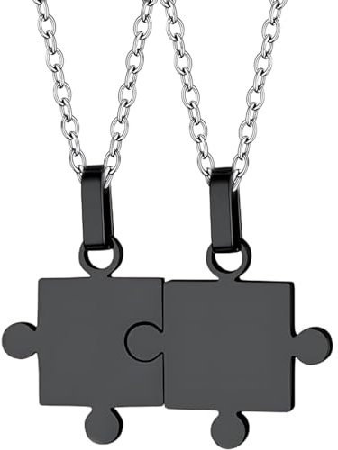 LEEQ Kette 1 Paar Edelstahl Puzzle-Anhänger Schwarz -für Paare Mann und Frau mit 45cm und 54cm Kette