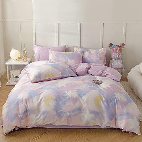 Yaofeiou Kinder Bettwäsche 100x135 Lila Bettwäsche Baumwolle Sternenmond Bettbezug Mädchen Sternenmond Muster Bettwäsche Einzelbett mit Reißverschluss und 1 Kissenbezug 40x60