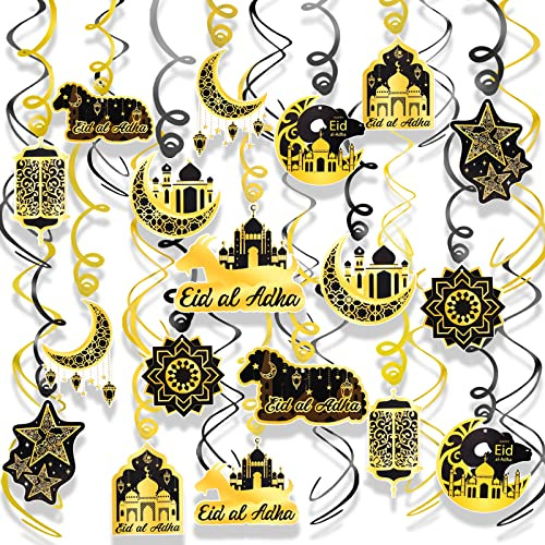 DPKOW 30pcs Aïd al-Adha Suspendus Tourbillons Décorations, Mosquée Mouton Lune Etoile Aluminium Plafond Tourbillon Décorations pour Aid al-Adha Moubarak Serpentins Spirale à Suspendre