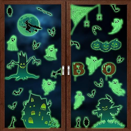 ANHUIB Halloween Fensteraufkleber Halloween Leuchtend Aufkleber Bat Wandsticker Geister Kürbis Fensterbild DIY Schädel Leuchtsticker für Schaufenster Wohnzimmer Schlafzimmer Party Wanddeko