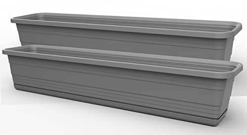 Tymar Lot de 2 jardinières rectangulaires avec soucoupe - Pour balcon, terrasse - En plastique - Anthracite - 79,6 x 17,9 x 14,5 cm