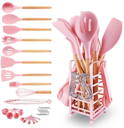 hecef Utensilios de Cocina de Silicona, 32 Piezas Utensilios de Cocina con Soporte de Acero Inoxidable, Set Utensilios de Cocina con Mango de Madera, Resistentes al Calor (Rosa)