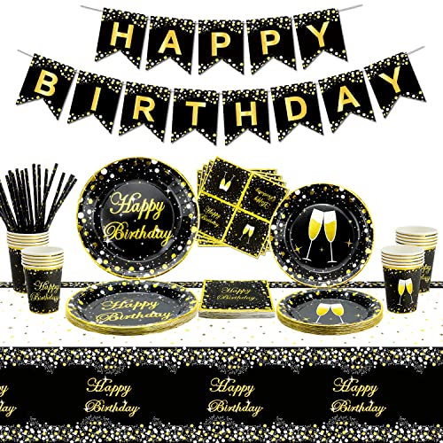 107 PCS Black and Gold Party Supplies - Gold Birthday Banner, Paper Plates, Napkins, Cups and Tablecloth for Graduation, Birthday, and Wedding Party Decorations, Serves 20 Guests