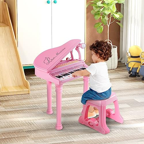 RELAX4LIFE Piano Infantil con 31 Teclas, Micrófono Ajustable y Taburete, Piano Juguete con 3 Modos, Luz LED, MP3 y 22 Canciones para Niños 3+ Años, Regalo para Niños (Rosa)