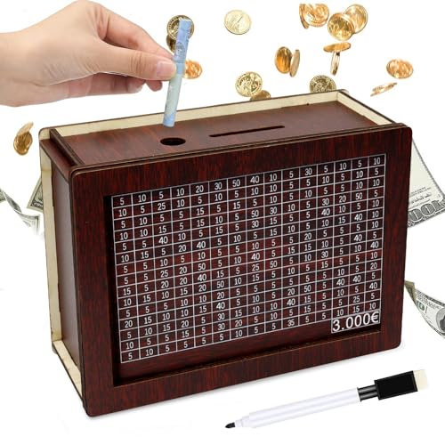 Spardose Holz, Spardose mit Zähler, Wiederverwendbare Spardose, Retro Sparbüchse Aufbewahrungsbox, Sparbox mit Zahlen Ankreuzen, Sparschwein mit Sparziel, Sparbox für Erwachsene und Kinder (3000€)