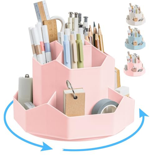 Ceysin Desk Organiser, 360 Degree Rotating Pen Pencil Holder with 9 Compartments, Multifunctional Pen Pots Makeup Brushes Holder Desktop Stationary Storage for Home Office Supplies Desk Tidy (Pink)