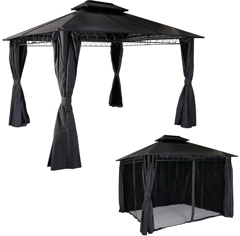 Mendler Hardtop Pergola HWC-M81, Pavillon, Aluminium Dachstreben 7cm-Stahlgestell mit Seitenwand und Moskitonetz 3,6x3m - grau