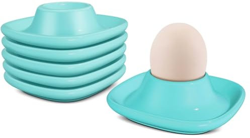 Flexzion Egg Cups for Soft Boiled Eggs - Set of 6 Ceramic Egg Holder - Stackable Egg Coddler Cups with Base for Serving, Breakfast, Brunch - Kitchen Table Decor, Blue