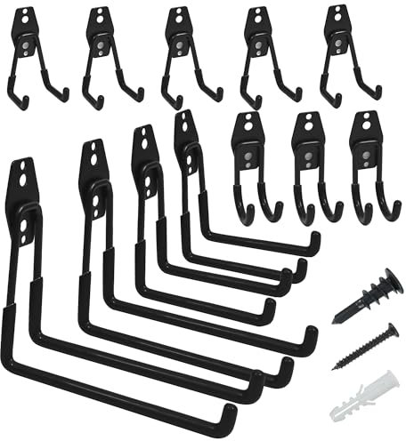 TECHSHARE Wandhaken Garage, 12 Stück Schwerlast Garage Haken, 4 Verschiedene Größen, Doppelte Schwerlasthaken für Gartengeräte, Sportausrüstung, Leiter, Garagenorganisation(Schwarz)